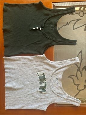 Brandy Melville: Grey Georgetown Tank Top and Dark Green Ribbed Button Tank Set